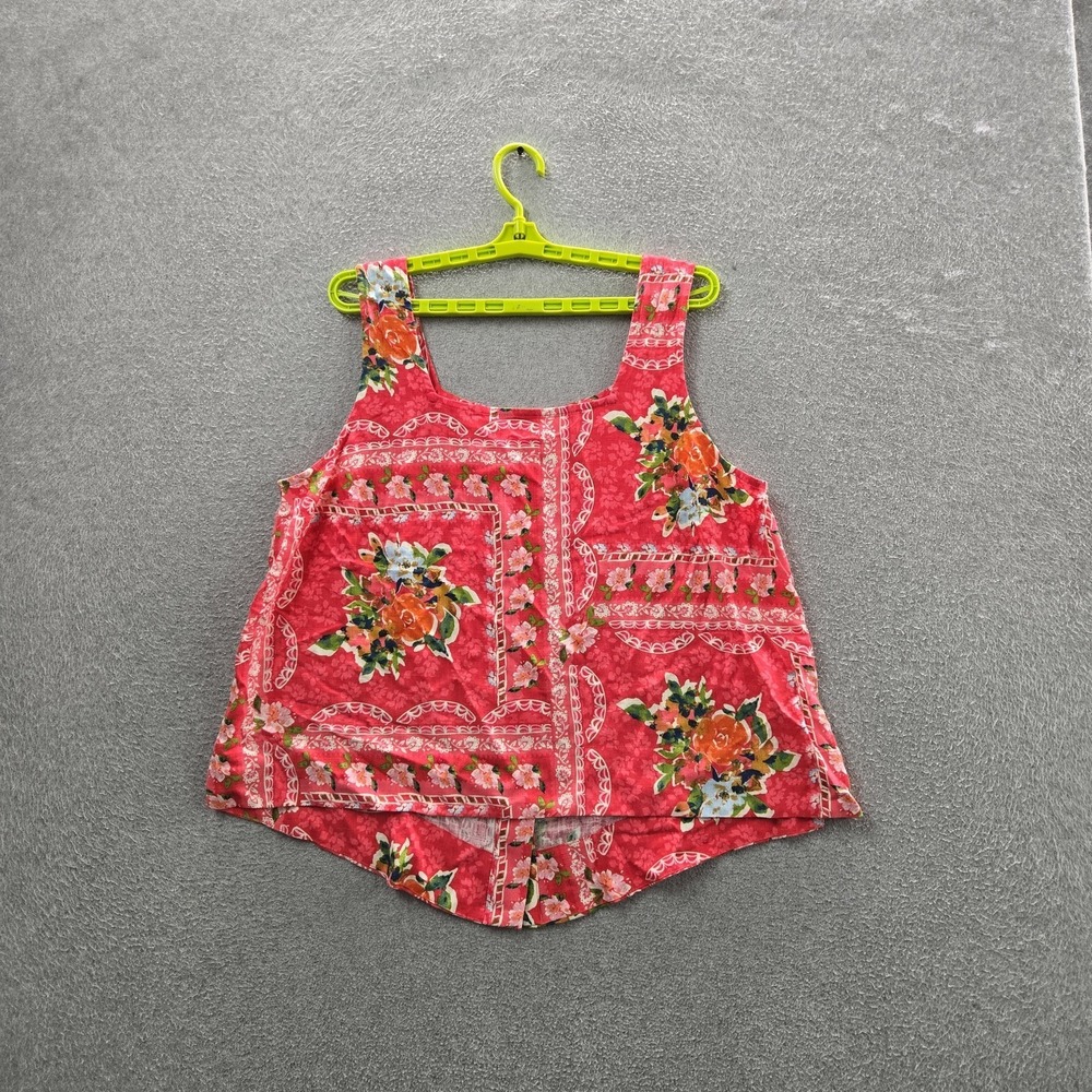 LC Lauren Conrad Women Tank Top XL Red Linen Rayon Floral Casual Button Scoop
